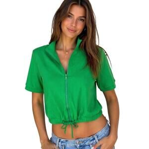 Swank A Posh Green Zip Front Top Large Short Sleeve Drawstring Hem Y2K Style